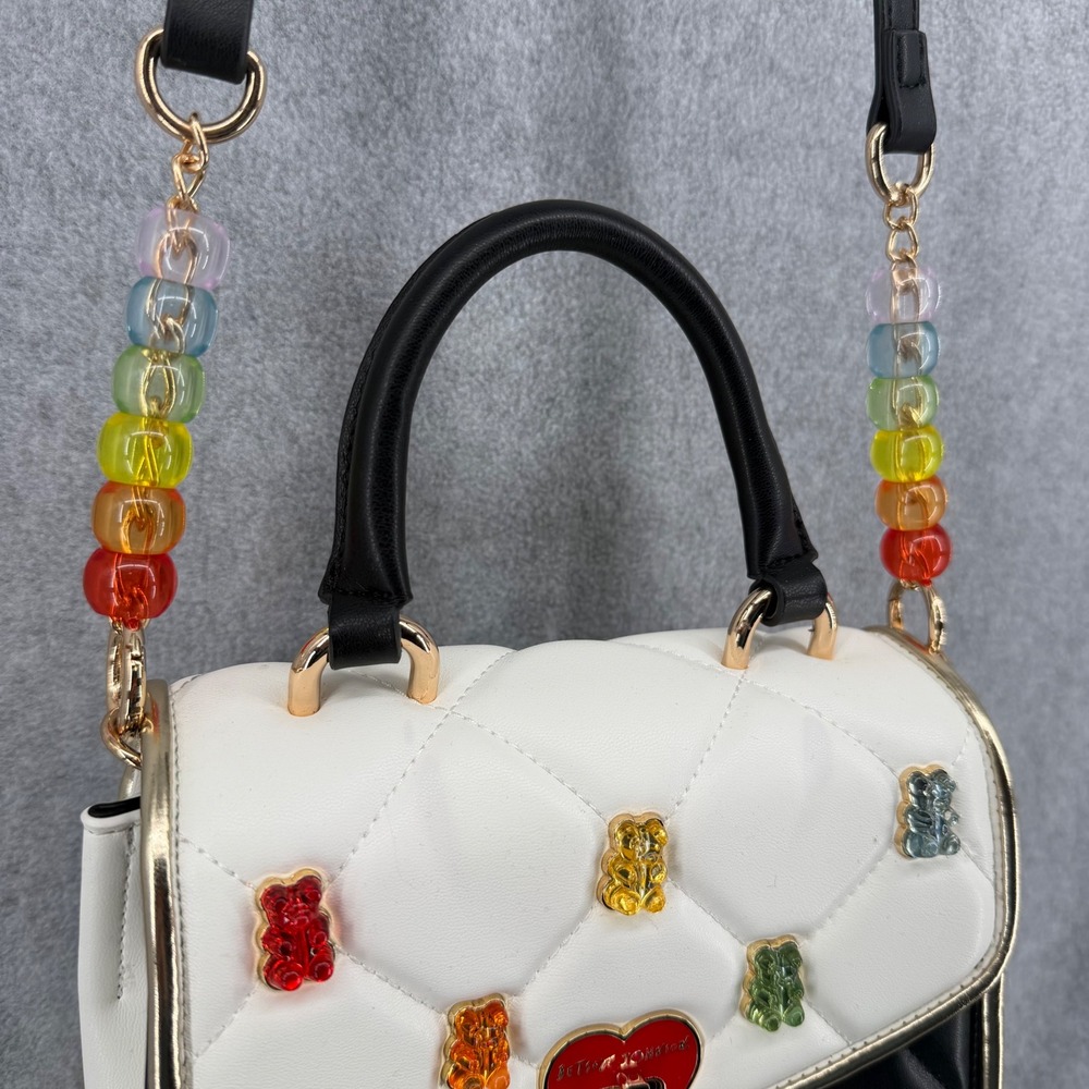 Betsey Johnson Gummy Bear Quilted Satchel Crossbody Bag Black White Rainbow Hear - Picture 5 of 13